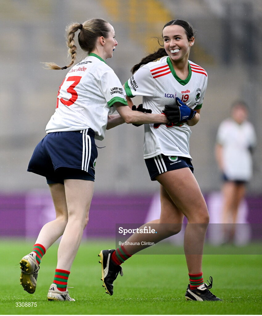 13 December 2025; Ellie Reilly of Knockbride, right, comes on as a substitute for team-mate Rebecca Davey during the AIB All-Ireland Ladies Football Club Intermediate Club Championship final match between Knockbride of Cavan and Caltra Cuans of Galway at Croke Park in Dublin. Photo by Shauna Clinton/Sportsfile
