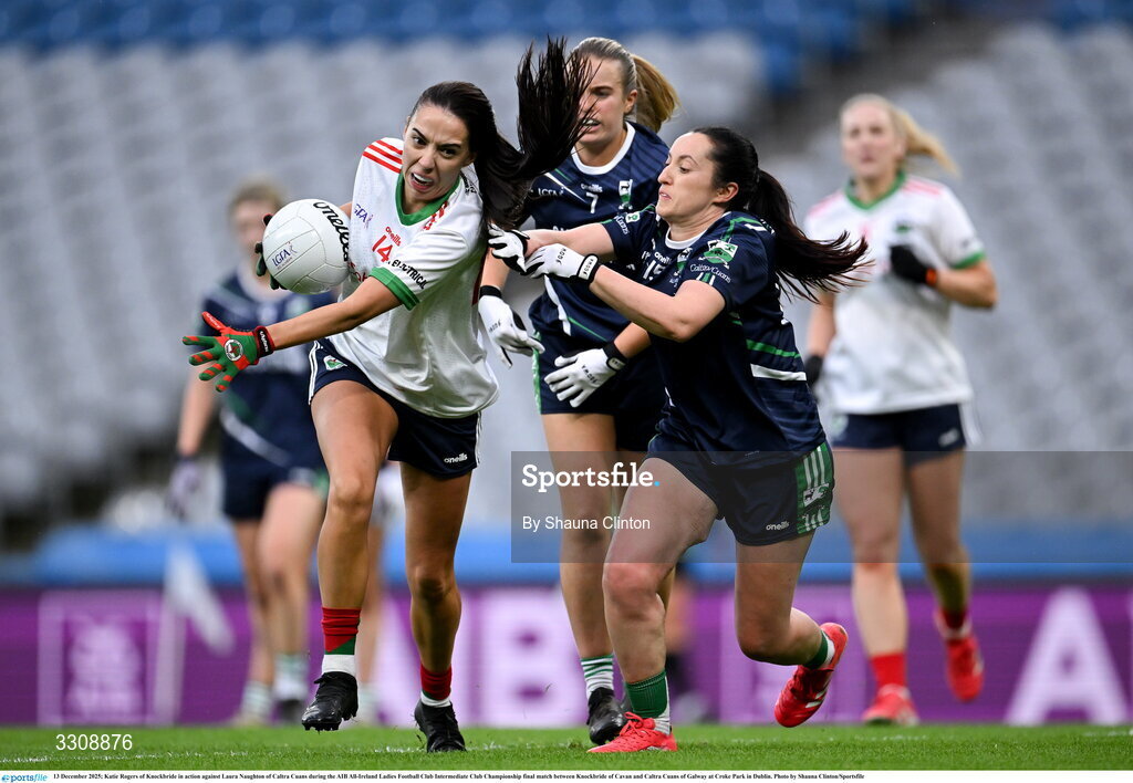 13 December 2025; Katie Rogers of Knockbride in action against Laura Naughton of Caltra Cuans during the AIB All-Ireland Ladies Football Club Intermediate Club Championship final match between Knockbride of Cavan and Caltra Cuans of Galway at Croke Park in Dublin. Photo by Shauna Clinton/Sportsfile