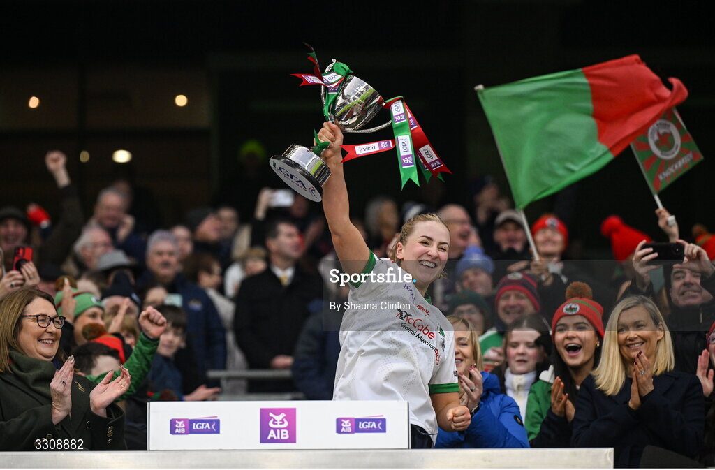 13 December 2025; Knockbride captain Sarah McCabe lifts the cup after the AIB All-Ireland Ladies Football Club Intermediate Club Championship final match between Knockbride of Cavan and Caltra Cuans of Galway at Croke Park in Dublin. Photo by Shauna Clinton/Sportsfile