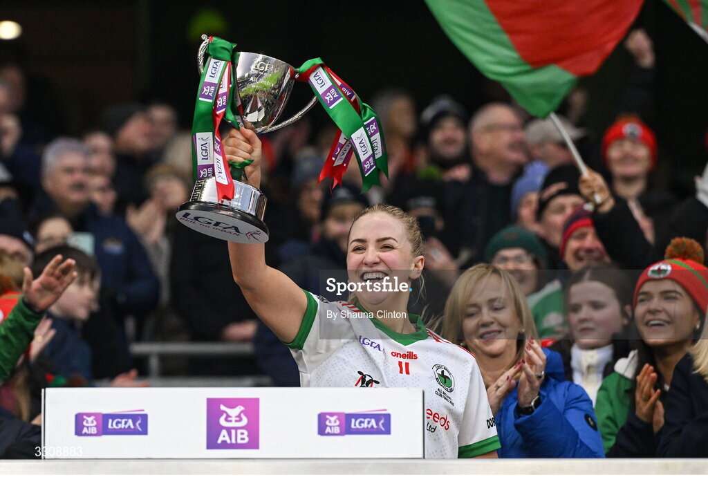 13 December 2025; Knockbride captain Sarah McCabe lifts the cup after the AIB All-Ireland Ladies Football Club Intermediate Club Championship final match between Knockbride of Cavan and Caltra Cuans of Galway at Croke Park in Dublin. Photo by Shauna Clinton/Sportsfile