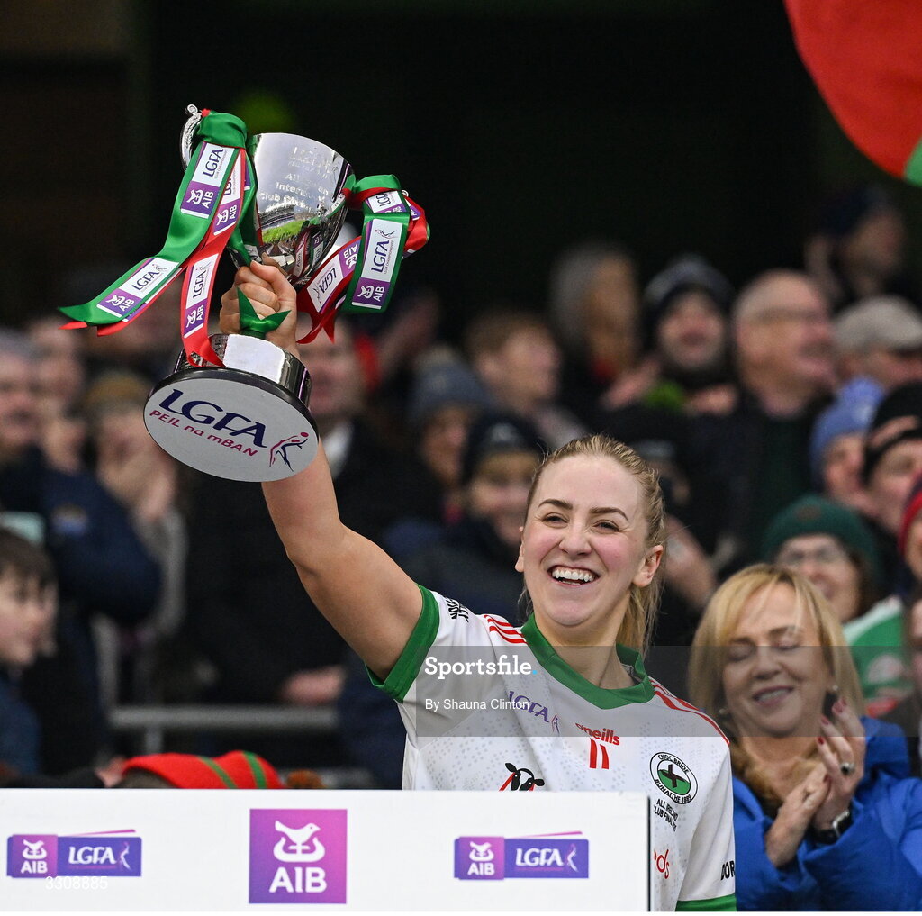 13 December 2025; Knockbride captain Sarah McCabe lifts the cup after the AIB All-Ireland Ladies Football Club Intermediate Club Championship final match between Knockbride of Cavan and Caltra Cuans of Galway at Croke Park in Dublin. Photo by Shauna Clinton/Sportsfile