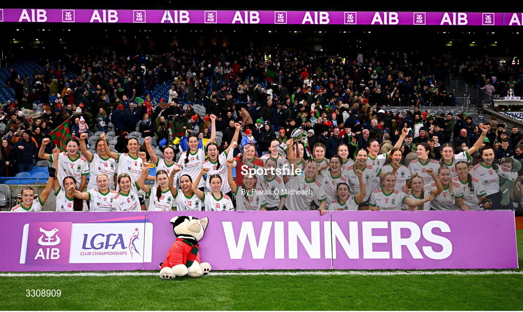 13 December 2025; Knockbride celebrate after their side's victory in the AIB All-Ireland Ladies Football Club Intermediate Club Championship final match between Knockbride of Cavan and Caltra Cuans of Galway at Croke Park in Dublin. Photo by Piaras Ó Mídheach/Sportsfile