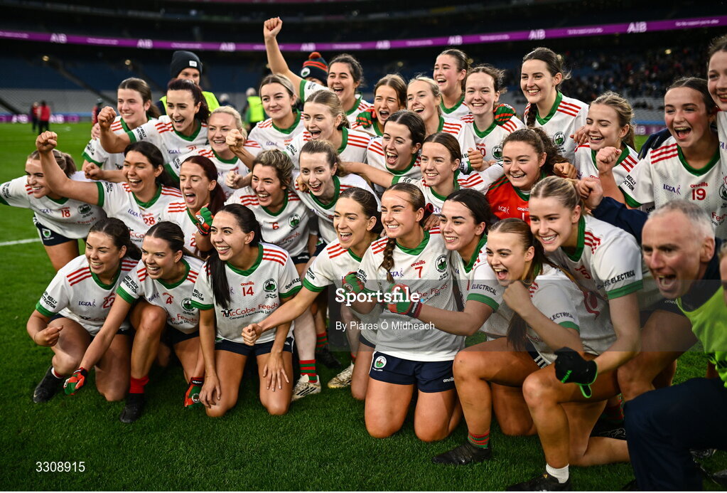13 December 2025; Knockbride celebrate victory in the AIB All-Ireland Ladies Football Club Intermediate Club Championship final match between Knockbride of Cavan and Caltra Cuans of Galway at Croke Park in Dublin. Photo by Piaras Ó Mídheach/Sportsfile