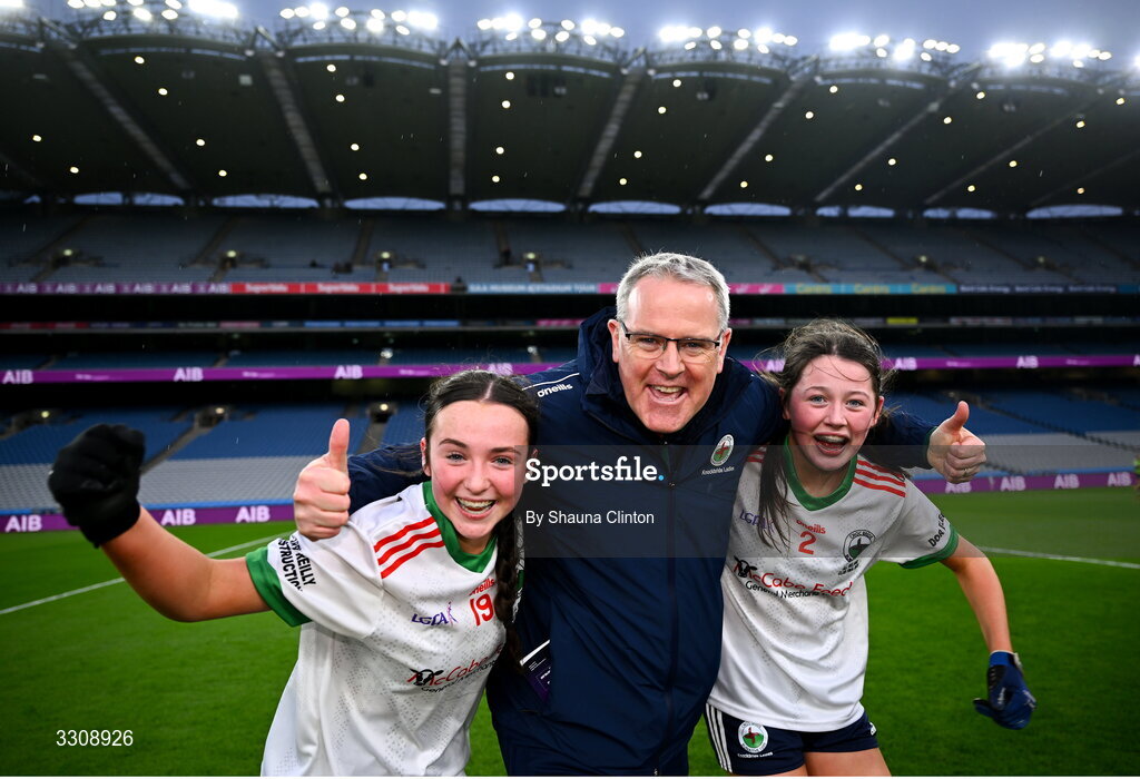 13 December 2025; Knockbride players Ellie Reilly, left, and Aoife Rogers celebrate after their side's victory in the AIB All-Ireland Ladies Football Club Intermediate Club Championship final match between Knockbride of Cavan and Caltra Cuans of Galway at Croke Park in Dublin. Photo by Shauna Clinton/Sportsfile