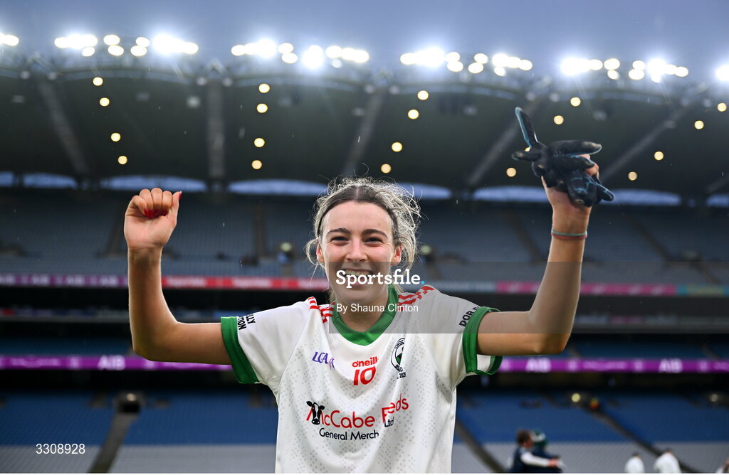13 December 2025; Gia McCabe of Knockbride celebrates after her side's victory in the AIB All-Ireland Ladies Football Club Intermediate Club Championship final match between Knockbride of Cavan and Caltra Cuans of Galway at Croke Park in Dublin. Photo by Shauna Clinton/Sportsfile