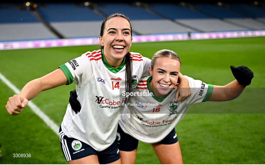 13 December 2025; Katie Rogers, left, and Gráinne Smith of Knockbride celebrate after their side's victory in the AIB All-Ireland Ladies Football Club Intermediate Club Championship final match between Knockbride of Cavan and Caltra Cuans of Galway at Croke Park in Dublin. Photo by Piaras Ó Mídheach/Sportsfile