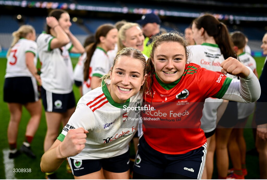 13 December 2025; Knockbride players Ellen Lynch, left, and goalkeeper Katie Mulvey celebrate after their side's victory in the AIB All-Ireland Ladies Football Club Intermediate Club Championship final match between Knockbride of Cavan and Caltra Cuans of Galway at Croke Park in Dublin. Photo by Piaras Ó Mídheach/Sportsfile