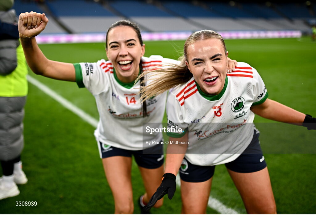 13 December 2025; Katie Rogers, left, and Gráinne Smith of Knockbride celebrate after their side's victory in the AIB All-Ireland Ladies Football Club Intermediate Club Championship final match between Knockbride of Cavan and Caltra Cuans of Galway at Croke Park in Dublin. Photo by Piaras Ó Mídheach/Sportsfile