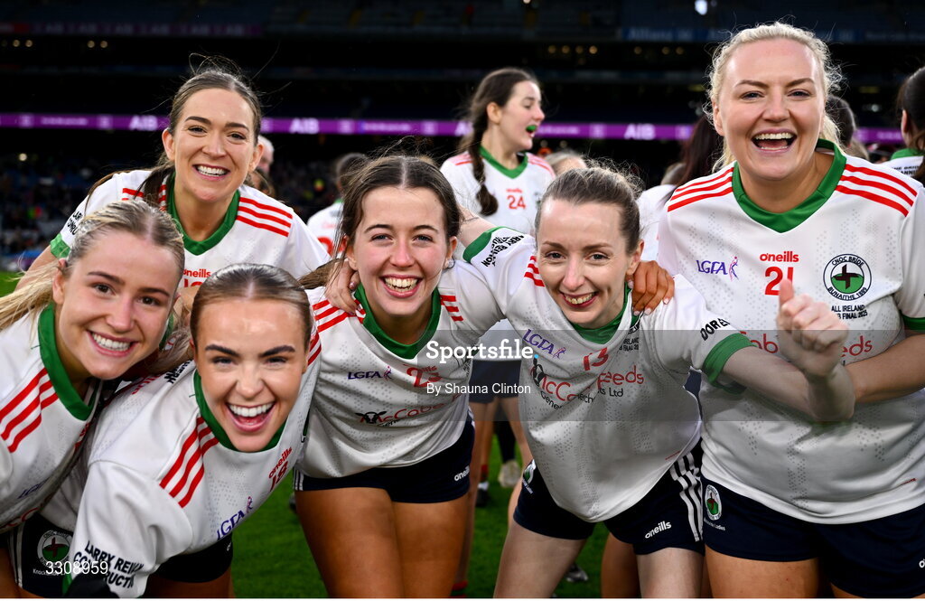 13 December 2025; Knockbride players, from left, Ellen Lynch, Aoife Nulty, Gráinne Smith, Aisling Sexton, Rebecca Davey and Leanne O'Reilly celebrate after their side's victory in the AIB All-Ireland Ladies Football Club Intermediate Club Championship final match between Knockbride of Cavan and Caltra Cuans of Galway at Croke Park in Dublin. Photo by Shauna Clinton/Sportsfile