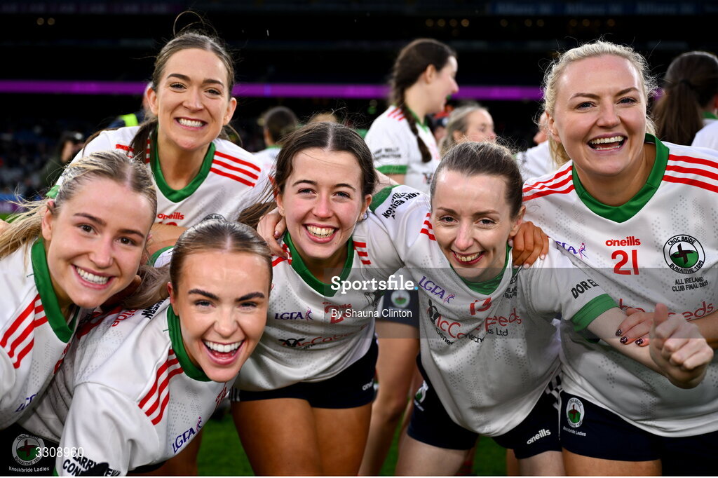 13 December 2025; Knockbride players, from left, Ellen Lynch, Aoife Nulty, Gráinne Smith, Aisling Sexton, Rebecca Davey and Leanne O'Reilly celebrate after their side's victory in the AIB All-Ireland Ladies Football Club Intermediate Club Championship final match between Knockbride of Cavan and Caltra Cuans of Galway at Croke Park in Dublin. Photo by Shauna Clinton/Sportsfile