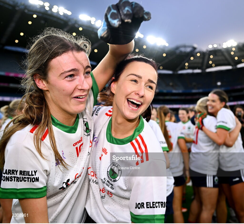 13 December 2025; Knockbride players Gia McCabe, left, and Abby Reilly celebrate after their side's victory in the AIB All-Ireland Ladies Football Club Intermediate Club Championship final match between Knockbride of Cavan and Caltra Cuans of Galway at Croke Park in Dublin. Photo by Shauna Clinton/Sportsfile