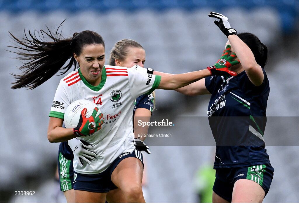 13 December 2025; Katie Rogers of Knockbride in action against Laura Naughton of Caltra Cuans during the AIB All-Ireland Ladies Football Club Intermediate Club Championship final match between Knockbride of Cavan and Caltra Cuans of Galway at Croke Park in Dublin. Photo by Shauna Clinton/Sportsfile