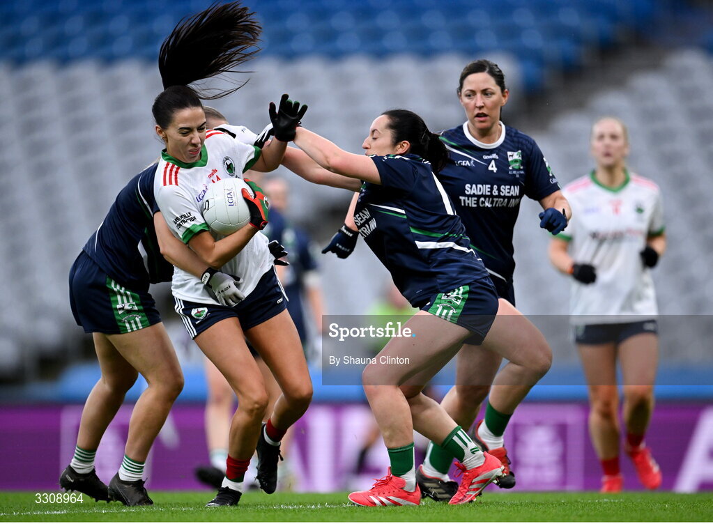 13 December 2025; Katie Rogers of Knockbride in action against Laura Naughton of Caltra Cuans during the AIB All-Ireland Ladies Football Club Intermediate Club Championship final match between Knockbride of Cavan and Caltra Cuans of Galway at Croke Park in Dublin. Photo by Shauna Clinton/Sportsfile