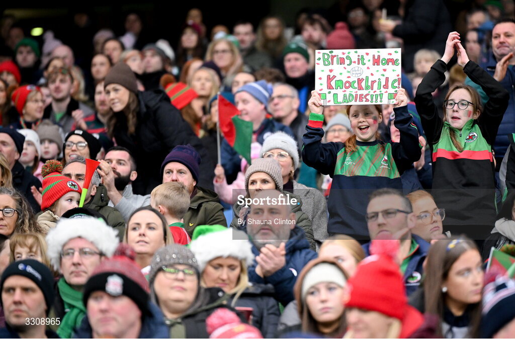 13 December 2025; Knockbride supporters during the AIB All-Ireland Ladies Football Club Intermediate Club Championship final match between Knockbride of Cavan and Caltra Cuans of Galway at Croke Park in Dublin. Photo by Shauna Clinton/Sportsfile