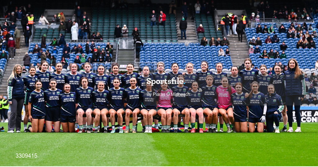 13 December 2025; The Caltra Cuans squad before the AIB All-Ireland Ladies Football Club Intermediate Club Championship final match between Knockbride of Cavan and Caltra Cuans of Galway at Croke Park in Dublin. Photo by Piaras Ó Mídheach/Sportsfile