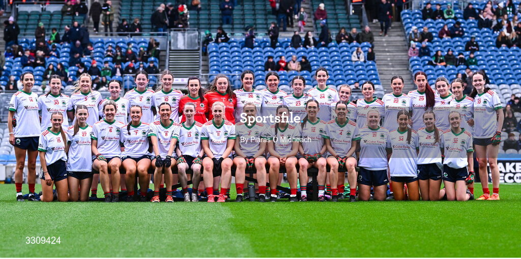 13 December 2025; The Knockbride squad before the AIB All-Ireland Ladies Football Club Intermediate Club Championship final match between Knockbride of Cavan and Caltra Cuans of Galway at Croke Park in Dublin. Photo by Piaras Ó Mídheach/Sportsfile