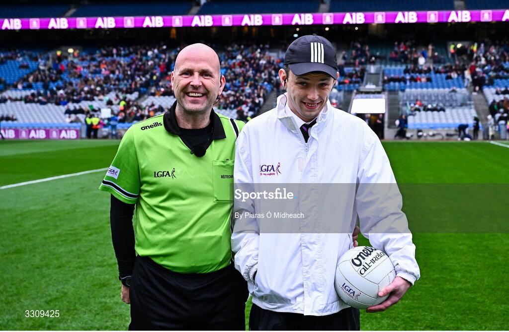 13 December 2025; Referee Kevin Phelan with his one of his umpires, his nephew Evan, before the AIB All-Ireland Ladies Football Club Intermediate Club Championship final match between Knockbride of Cavan and Caltra Cuans of Galway at Croke Park in Dublin. Photo by Piaras Ó Mídheach/Sportsfile
