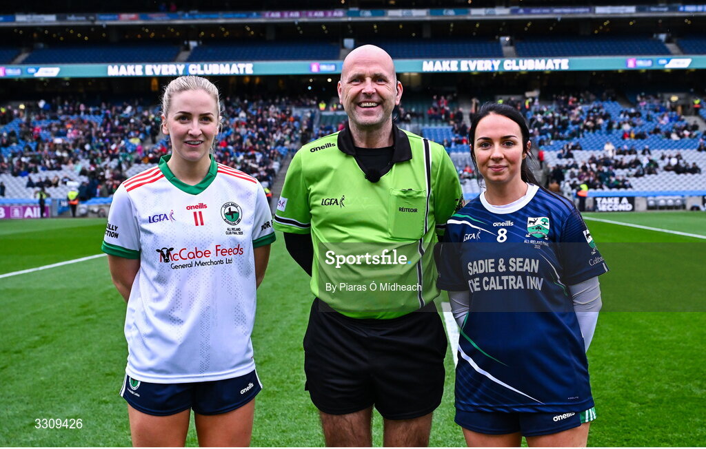13 December 2025; Referee Kevin Phelan with team captains Sarah McCabe of Knockbride and Denise Kelly of Caltra Cuans before the AIB All-Ireland Ladies Football Club Intermediate Club Championship final match between Knockbride of Cavan and Caltra Cuans of Galway at Croke Park in Dublin. Photo by Piaras Ó Mídheach/Sportsfile