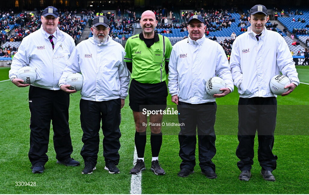 13 December 2025; Referee Kevin Phelan with his match officials before the AIB All-Ireland Ladies Football Club Intermediate Club Championship final match between Knockbride of Cavan and Caltra Cuans of Galway at Croke Park in Dublin. Photo by Piaras Ó Mídheach/Sportsfile