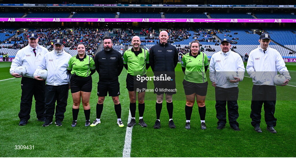 13 December 2025; Referee Kevin Phelan with his match officials before the AIB All-Ireland Ladies Football Club Intermediate Club Championship final match between Knockbride of Cavan and Caltra Cuans of Galway at Croke Park in Dublin. Photo by Piaras Ó Mídheach/Sportsfile