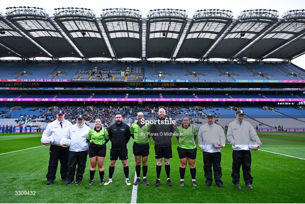 13 December 2025; Referee Kevin Phelan with his match officials before the AIB All-Ireland Ladies Football Club Intermediate Club Championship final match between Knockbride of Cavan and Caltra Cuans of Galway at Croke Park in Dublin. Photo by Piaras Ó Mídheach/Sportsfile