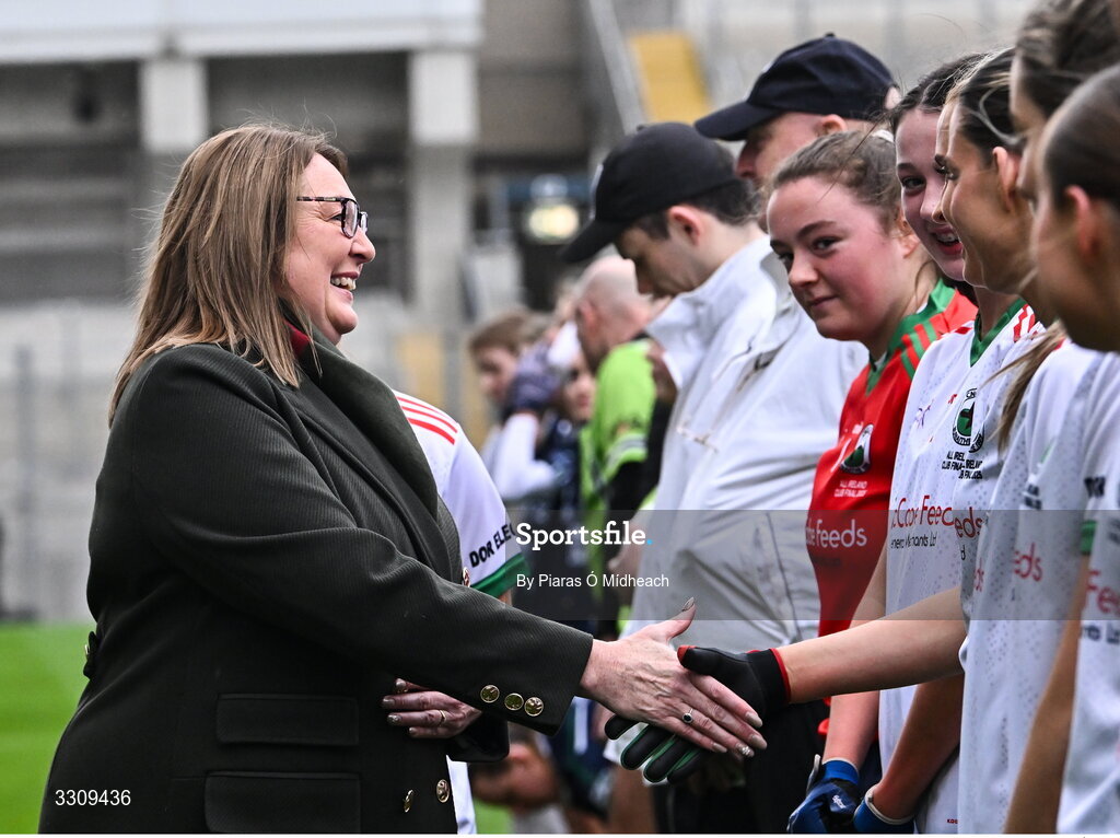 13 December 2025; LGFA President Trina Murray meets with Knockbride players before the AIB All-Ireland Ladies Football Club Intermediate Club Championship final match between Knockbride of Cavan and Caltra Cuans of Galway at Croke Park in Dublin. Photo by Piaras Ó Mídheach/Sportsfile