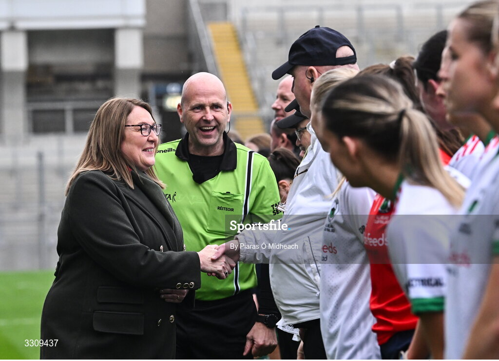 13 December 2025; LGFA President Trina Murray meets with referee Kevin Phelan and his officials before the AIB All-Ireland Ladies Football Club Intermediate Club Championship final match between Knockbride of Cavan and Caltra Cuans of Galway at Croke Park in Dublin. Photo by Piaras Ó Mídheach/Sportsfile