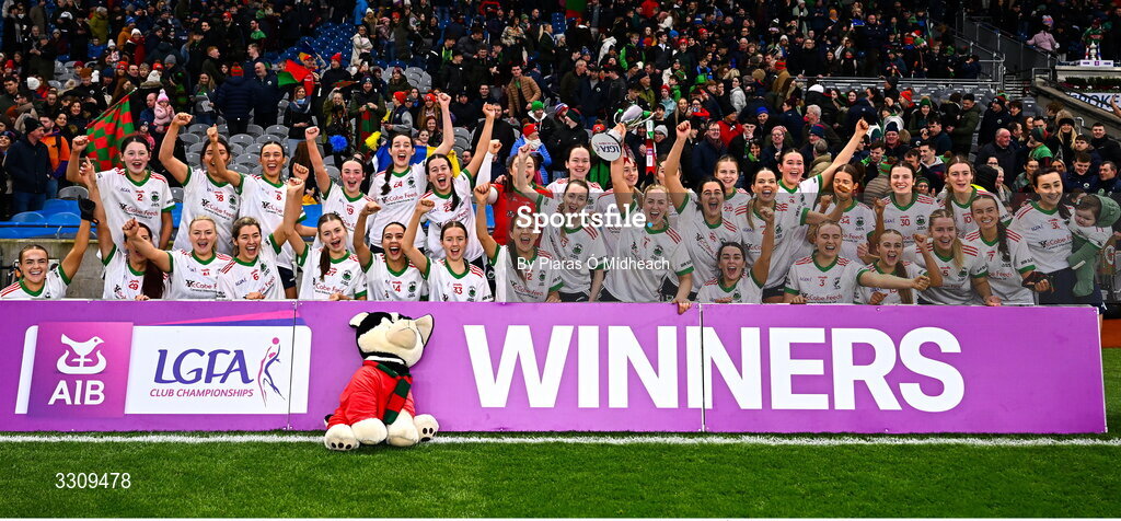 13 December 2025; Knockbride celebrate after their side's victory in the AIB All-Ireland Ladies Football Club Intermediate Club Championship final match between Knockbride of Cavan and Caltra Cuans of Galway at Croke Park in Dublin. Photo by Piaras Ó Mídheach/Sportsfile