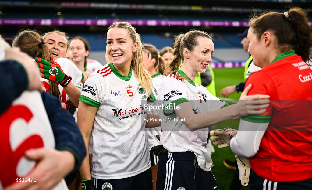 13 December 2025; Ellen Lynch of Knockbride, 5, celebrates with team-mates after victory in the AIB All-Ireland Ladies Football Club Intermediate Club Championship final match between Knockbride of Cavan and Caltra Cuans of Galway at Croke Park in Dublin. Photo by Piaras Ó Mídheach/Sportsfile
