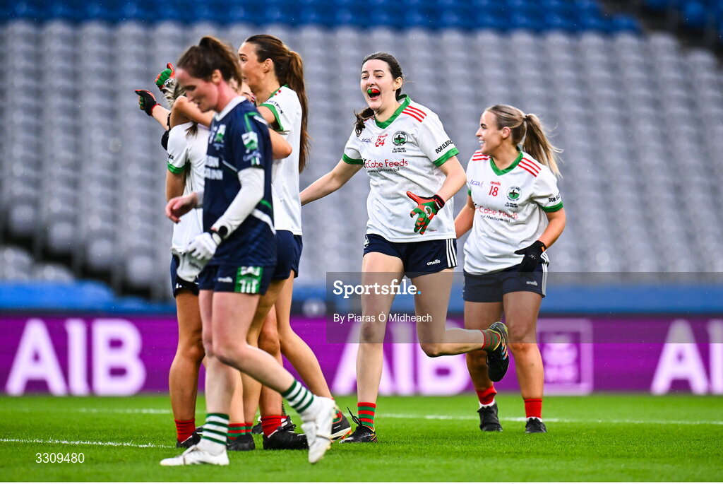 13 December 2025; Judy Clarke of Knockbride, 24, celebrates after her side's victory in the AIB All-Ireland Ladies Football Club Intermediate Club Championship final match between Knockbride of Cavan and Caltra Cuans of Galway at Croke Park in Dublin. Photo by Piaras Ó Mídheach/Sportsfile