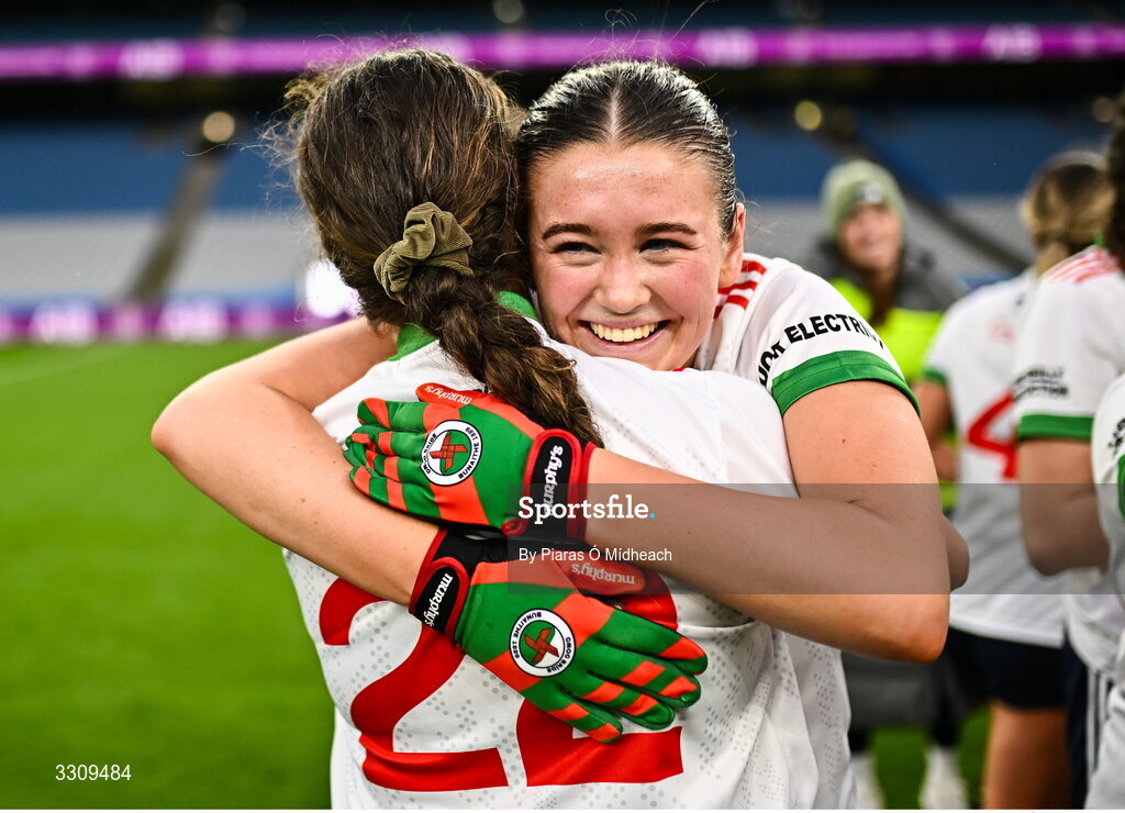 13 December 2025; Knockbride players Leah Galligan and Katie Mai Reilly, behind, celebrate after the AIB All-Ireland Ladies Football Club Intermediate Club Championship final match between Knockbride of Cavan and Caltra Cuans of Galway at Croke Park in Dublin. Photo by Piaras Ó Mídheach/Sportsfile