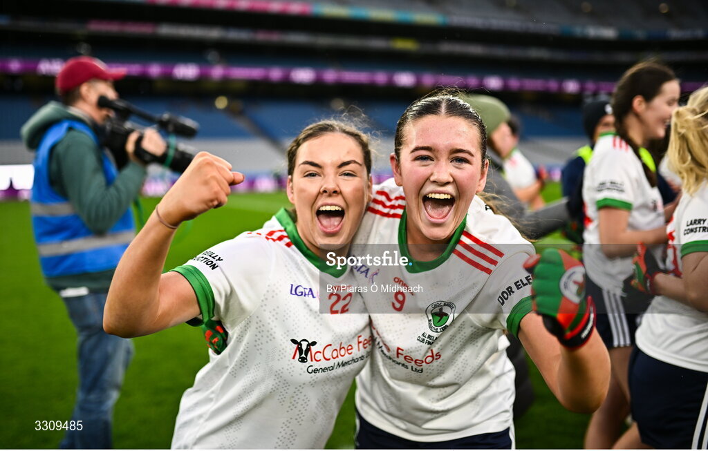 13 December 2025; Knockbride players Leah Galligan and Katie Mai Reilly, right, celebrate after the AIB All-Ireland Ladies Football Club Intermediate Club Championship final match between Knockbride of Cavan and Caltra Cuans of Galway at Croke Park in Dublin. Photo by Piaras Ó Mídheach/Sportsfile