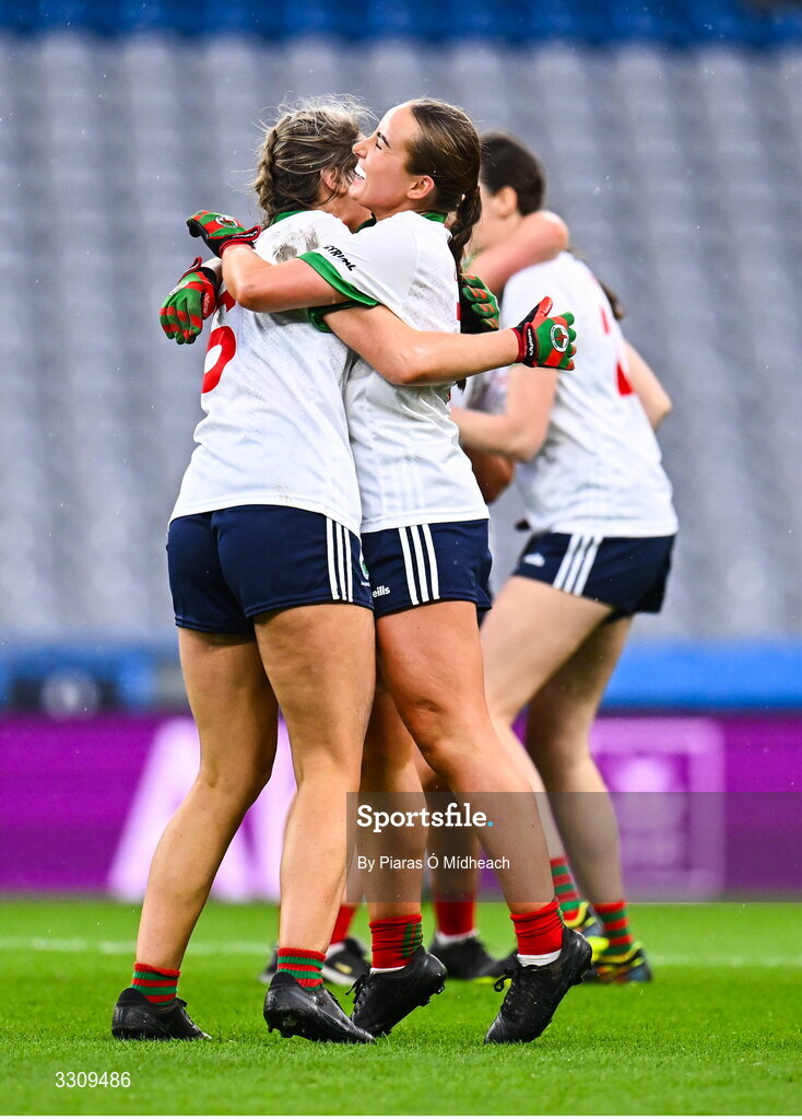13 December 2025; Knockbride players Sinéad O'Reilly, left, and Niamh Smith celebrate after the AIB All-Ireland Ladies Football Club Intermediate Club Championship final match between Knockbride of Cavan and Caltra Cuans of Galway at Croke Park in Dublin. Photo by Piaras Ó Mídheach/Sportsfile