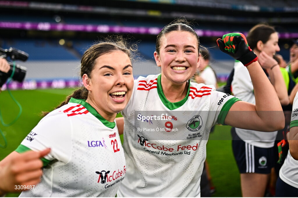 13 December 2025; Knockbride players Leah Galligan, left, and Katie Mai Reilly celebrate after the AIB All-Ireland Ladies Football Club Intermediate Club Championship final match between Knockbride of Cavan and Caltra Cuans of Galway at Croke Park in Dublin. Photo by Piaras Ó Mídheach/Sportsfile