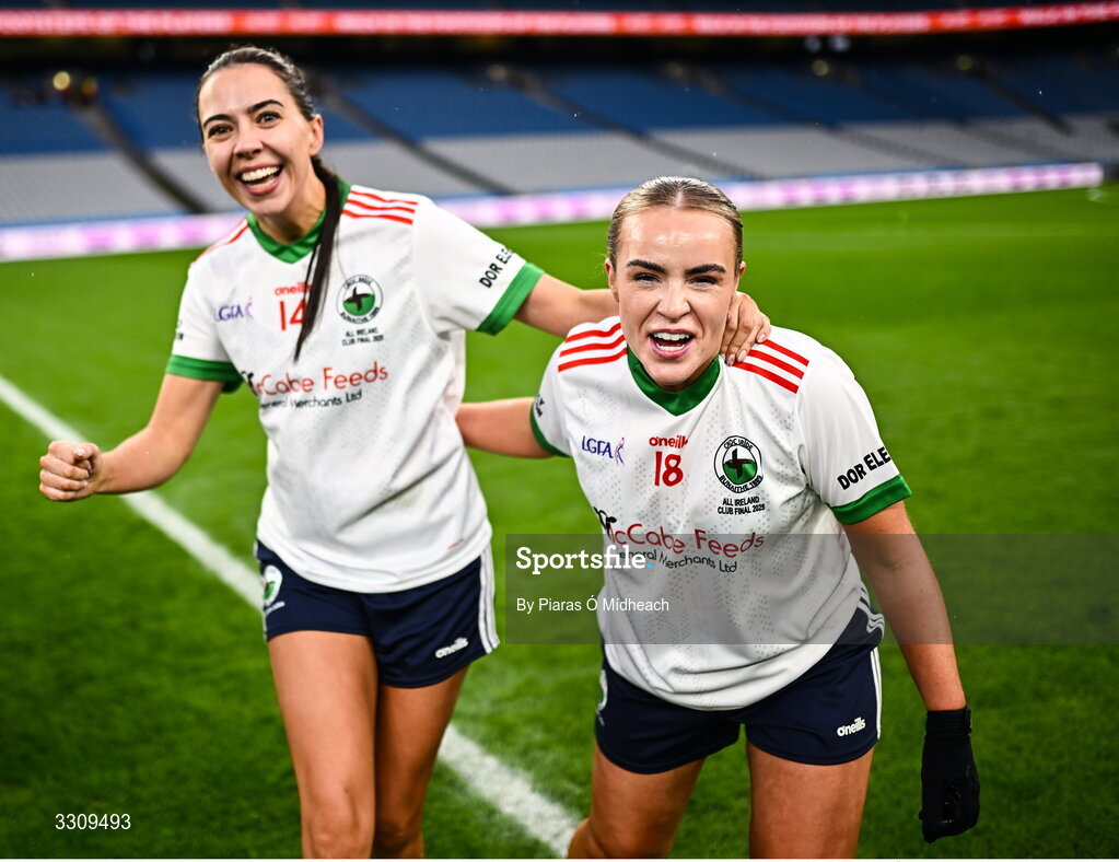13 December 2025; Katie Rogers, left, and Gráinne Smith of Knockbride celebrate after their side's victory in the AIB All-Ireland Ladies Football Club Intermediate Club Championship final match between Knockbride of Cavan and Caltra Cuans of Galway at Croke Park in Dublin. Photo by Piaras Ó Mídheach/Sportsfile