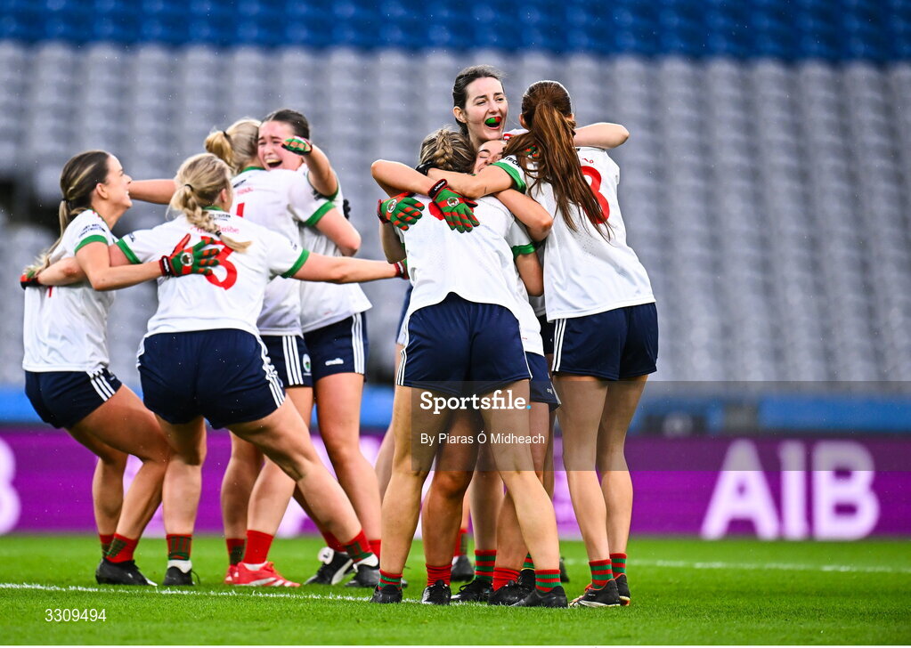 13 December 2025; Knockbride players celebrate after the AIB All-Ireland Ladies Football Club Intermediate Club Championship final match between Knockbride of Cavan and Caltra Cuans of Galway at Croke Park in Dublin. Photo by Piaras Ó Mídheach/Sportsfile