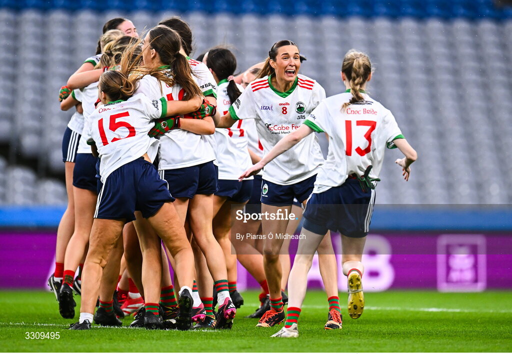 13 December 2025; Tara Rogers of Knockbride, 8, celebrates after the AIB All-Ireland Ladies Football Club Intermediate Club Championship final match between Knockbride of Cavan and Caltra Cuans of Galway at Croke Park in Dublin. Photo by Piaras Ó Mídheach/Sportsfile