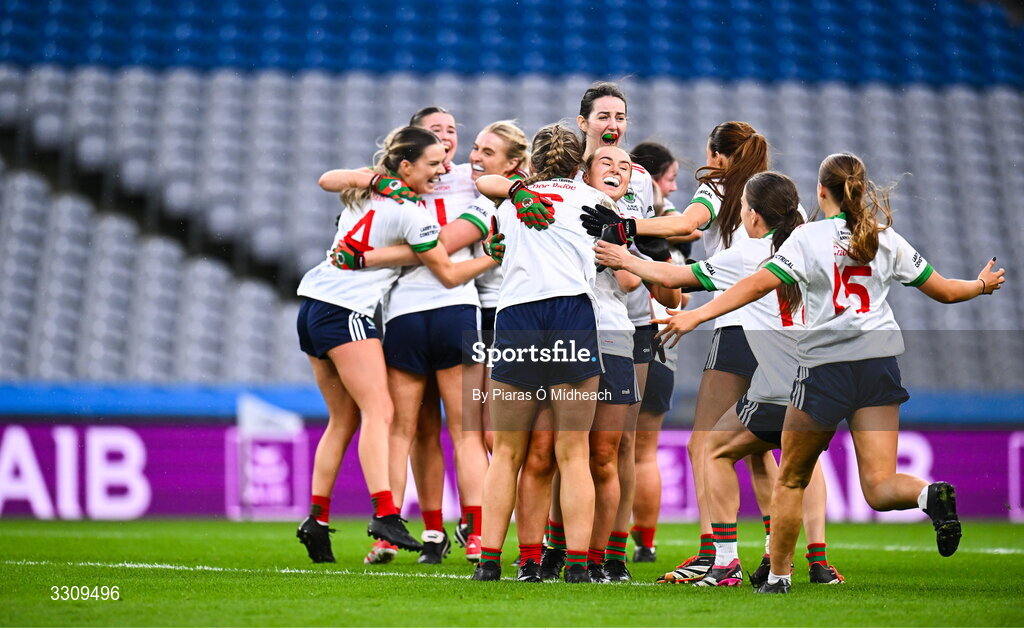 13 December 2025; Knockbride players celebrate after the AIB All-Ireland Ladies Football Club Intermediate Club Championship final match between Knockbride of Cavan and Caltra Cuans of Galway at Croke Park in Dublin. Photo by Piaras Ó Mídheach/Sportsfile