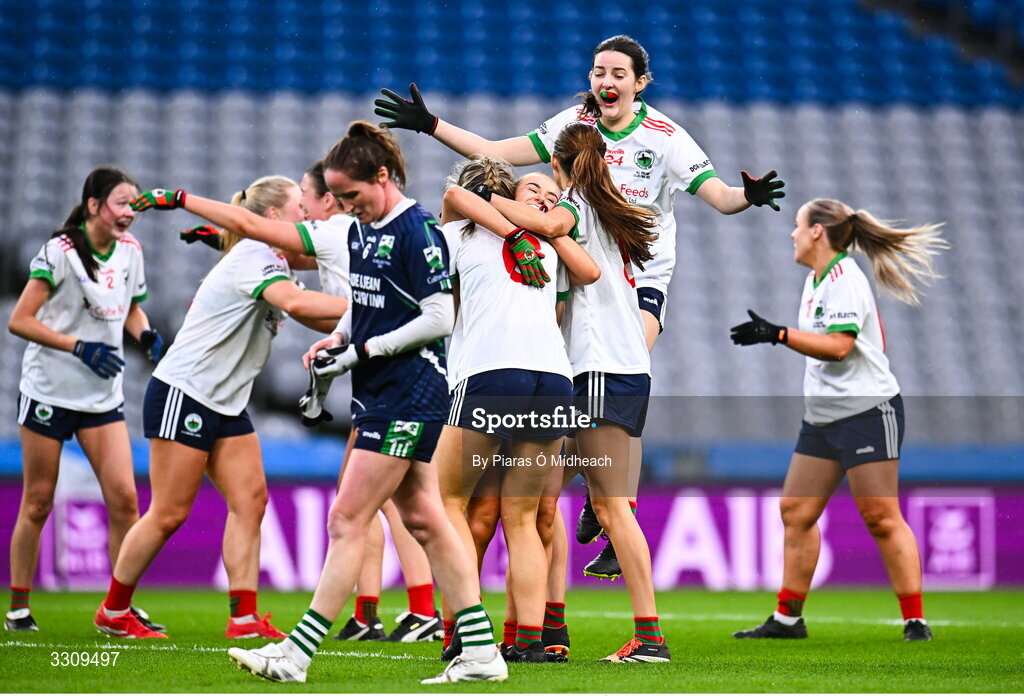 13 December 2025; Knockbride players celebrate after the AIB All-Ireland Ladies Football Club Intermediate Club Championship final match between Knockbride of Cavan and Caltra Cuans of Galway at Croke Park in Dublin. Photo by Piaras Ó Mídheach/Sportsfile