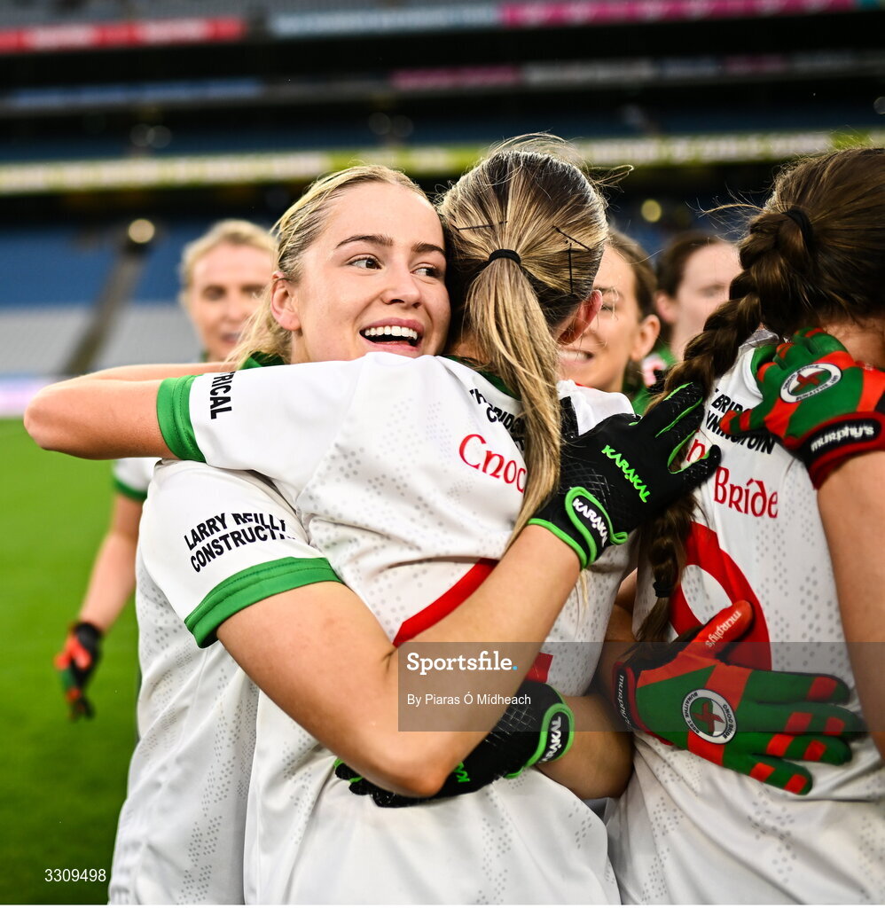 13 December 2025; Ellen Lynch of Knockbride, behind, celebrates with team-mate Nicola Rogers after the AIB All-Ireland Ladies Football Club Intermediate Club Championship final match between Knockbride of Cavan and Caltra Cuans of Galway at Croke Park in Dublin. Photo by Piaras Ó Mídheach/Sportsfile
