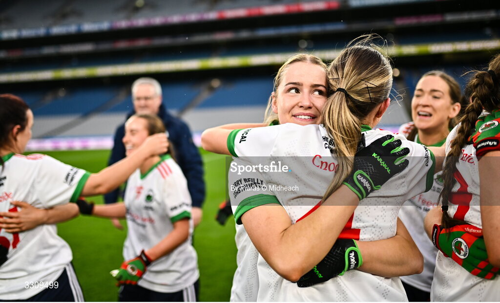 13 December 2025; Ellen Lynch of Knockbride, behind, celebrates with team-mate Nicola Rogers after the AIB All-Ireland Ladies Football Club Intermediate Club Championship final match between Knockbride of Cavan and Caltra Cuans of Galway at Croke Park in Dublin. Photo by Piaras Ó Mídheach/Sportsfile