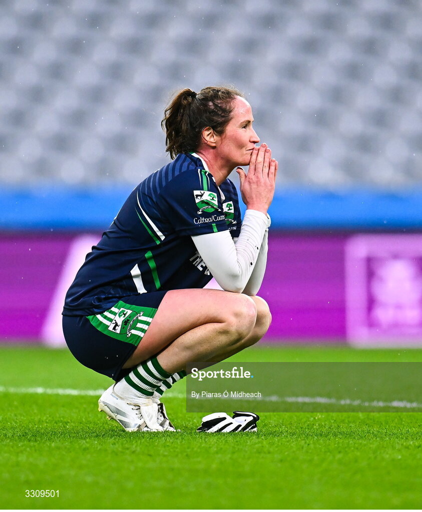 13 December 2025; Sarah Noone of Caltra Cuans after her side's defeat after the AIB All-Ireland Ladies Football Club Intermediate Club Championship final match between Knockbride of Cavan and Caltra Cuans of Galway at Croke Park in Dublin. Photo by Piaras Ó Mídheach/Sportsfile