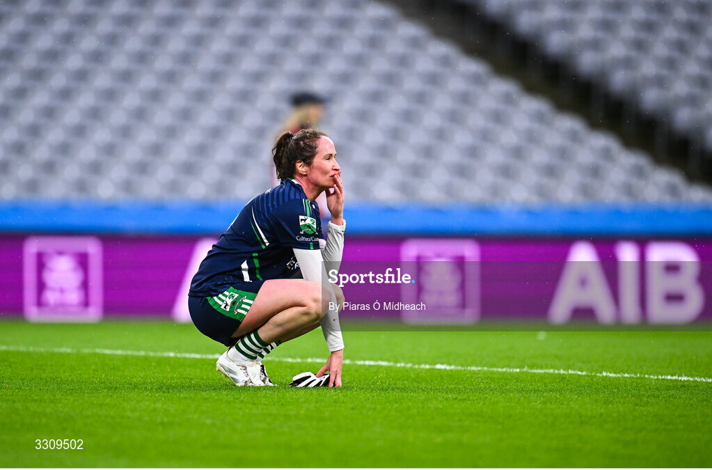 13 December 2025; Sarah Noone of Caltra Cuans after her side's defeat after the AIB All-Ireland Ladies Football Club Intermediate Club Championship final match between Knockbride of Cavan and Caltra Cuans of Galway at Croke Park in Dublin. Photo by Piaras Ó Mídheach/Sportsfile