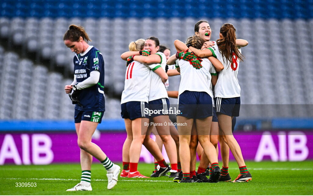 13 December 2025; Knockbride players celebrate after the AIB All-Ireland Ladies Football Club Intermediate Club Championship final match between Knockbride of Cavan and Caltra Cuans of Galway at Croke Park in Dublin. Photo by Piaras Ó Mídheach/Sportsfile