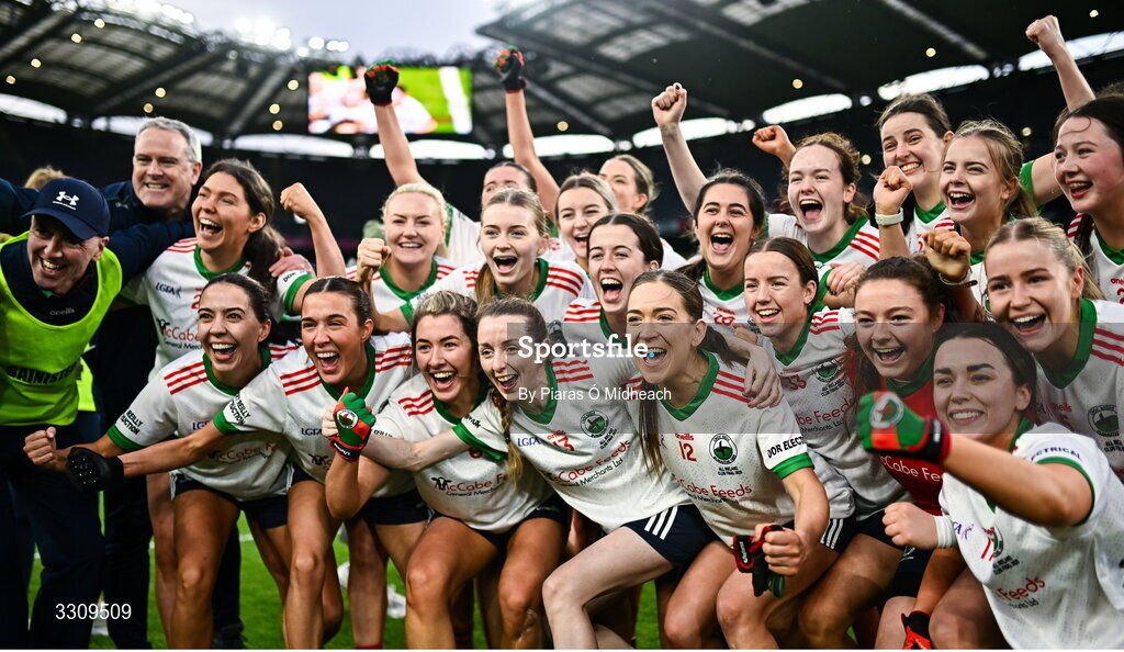 13 December 2025; Knockbride celebrate after the AIB All-Ireland Ladies Football Club Intermediate Club Championship final match between Knockbride of Cavan and Caltra Cuans of Galway at Croke Park in Dublin. Photo by Piaras Ó Mídheach/Sportsfile