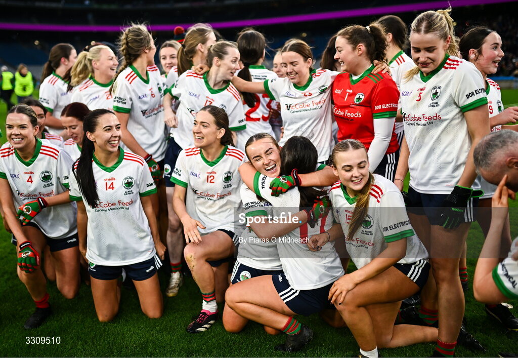 13 December 2025; Knockbride celebrate after the AIB All-Ireland Ladies Football Club Intermediate Club Championship final match between Knockbride of Cavan and Caltra Cuans of Galway at Croke Park in Dublin. Photo by Piaras Ó Mídheach/Sportsfile