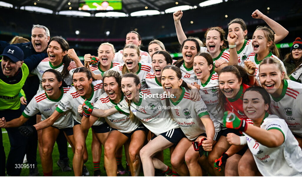 13 December 2025; Knockbride celebrate after the AIB All-Ireland Ladies Football Club Intermediate Club Championship final match between Knockbride of Cavan and Caltra Cuans of Galway at Croke Park in Dublin. Photo by Piaras Ó Mídheach/Sportsfile