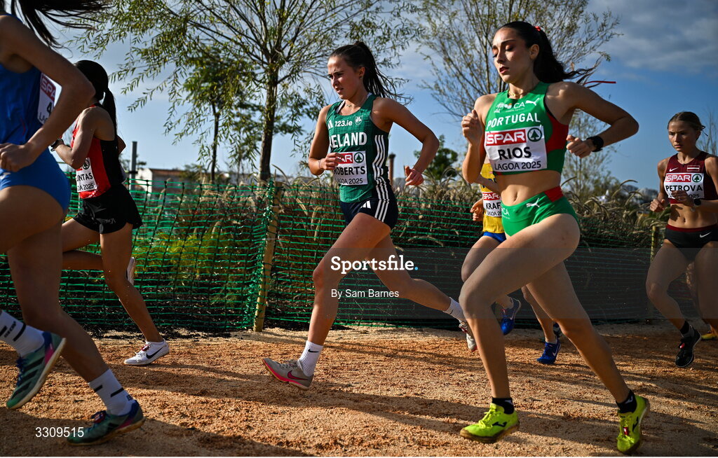 14 December 2025; Roise Roberts of Ireland during the U23 women's race at the 2025 SPAR European Cross Country Championships in Lagoa, Portugal. Photo by Sam Barnes/Sportsfile
