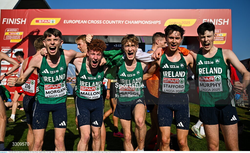 14 December 2025; The winning Ireland team, from left, Callum Morgan, Lughaidh Mallon, Nick Griggs, Jonas Stafford and Niall Murphy after the U23 men's race at the 2025 SPAR European Cross Country Championships in Lagoa, Portugal. Photo by Sam Barnes/Sportsfile