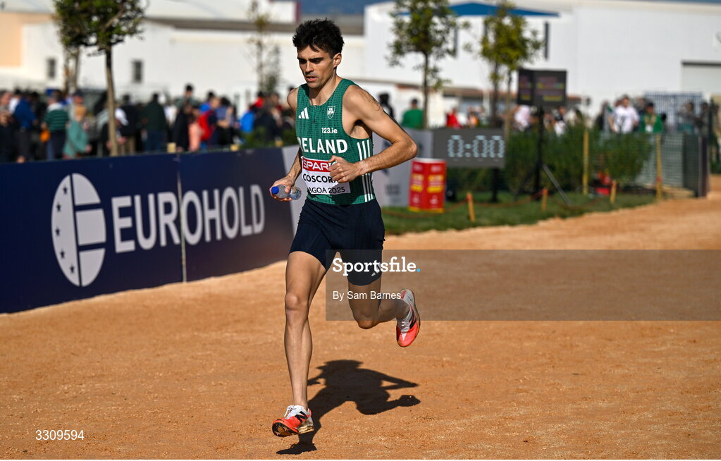 14 December 2025; Andrew Coscoran of Ireland during the mixed relay race at the 2025 SPAR European Cross Country Championships in Lagoa, Portugal. Photo by Sam Barnes/Sportsfile